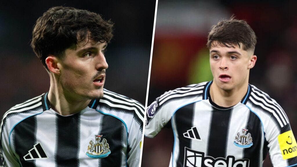 A split image showing Tino Livramento playing for Newcastle United and Lewis Miley playing for Newcastle United.