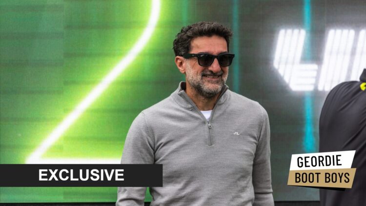 Newcastle United owner Yasir Al-Rumayyan at a LIV Golf event, with exclusive branding overlaid.