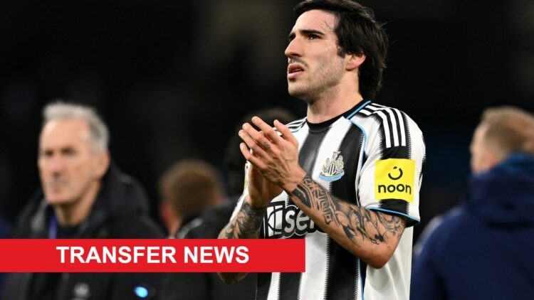 Sandro Tonali reacts after Newcastle United lose to Brentford in the Premier League. A 'transfer news' banner has been added.