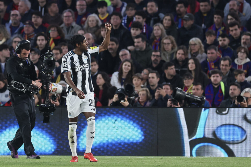 Anthony Elanga celebrates after scoring for Newcastle United against FC Barcelona.