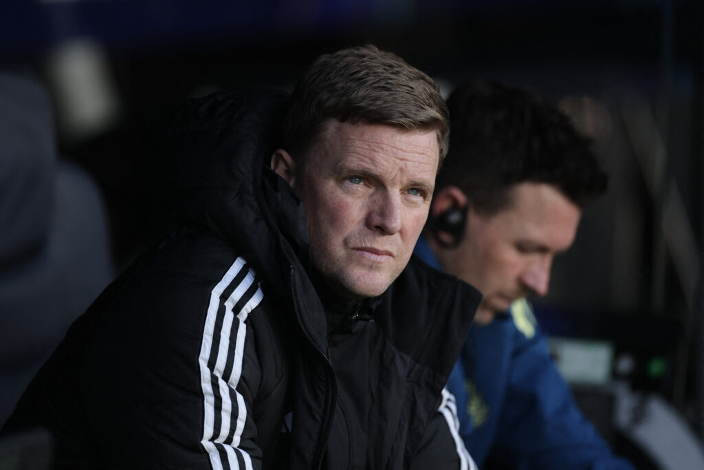 Eddie Howe looks on before Newcastle United's Champions League game against FC Barcelona.