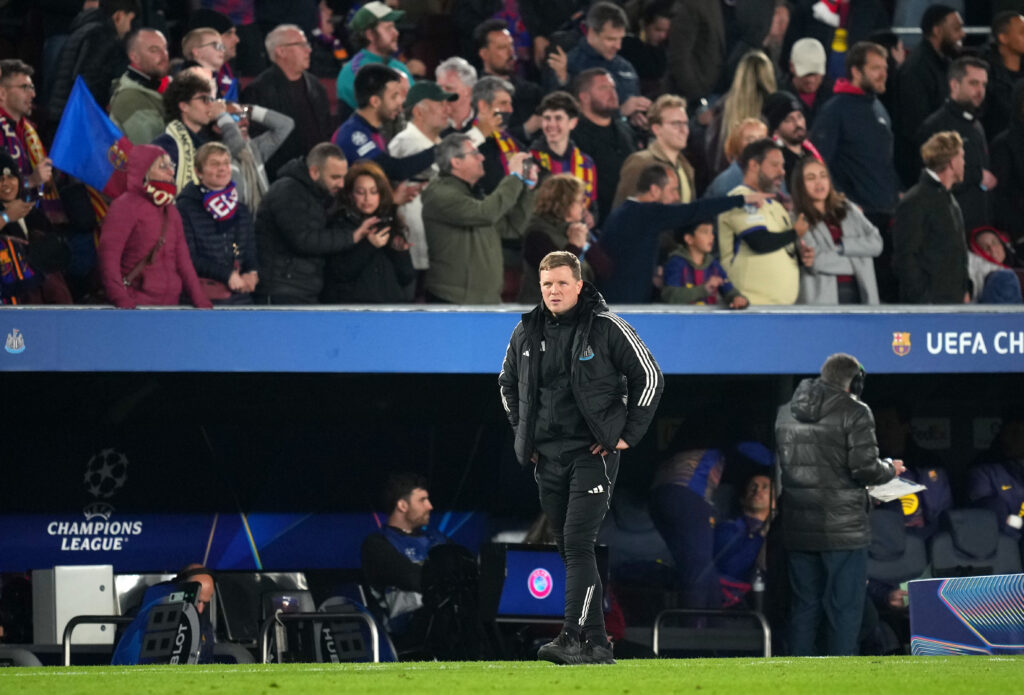 Eddie Howe looks dejected after Newcastle United lose to Barcelona.