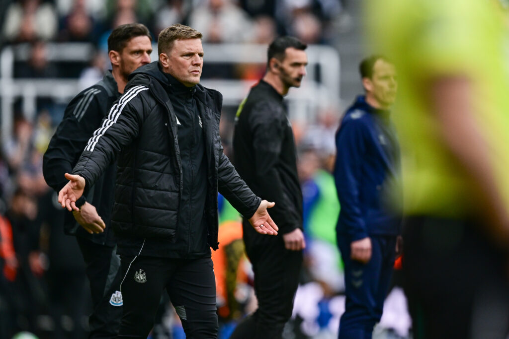 Eddie Howe gesutres from the sidelines during Newcastle United's Premier League game against Sunderland.