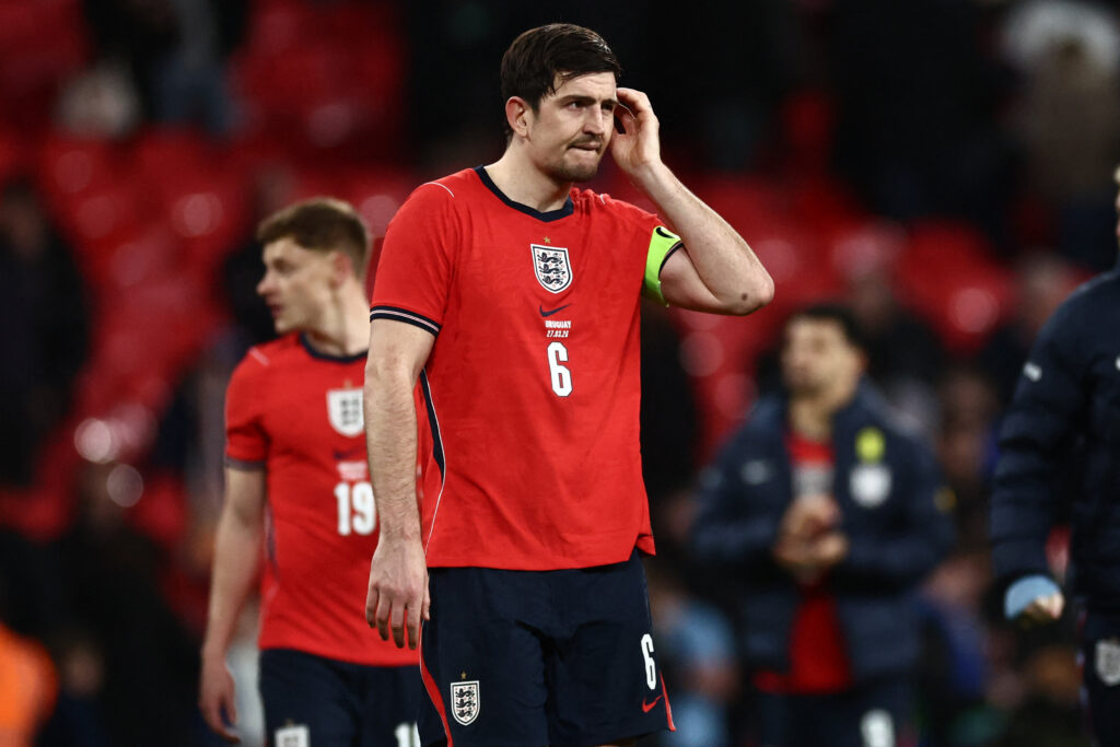 Harry Maguire reacts after England draw with Uruguay.