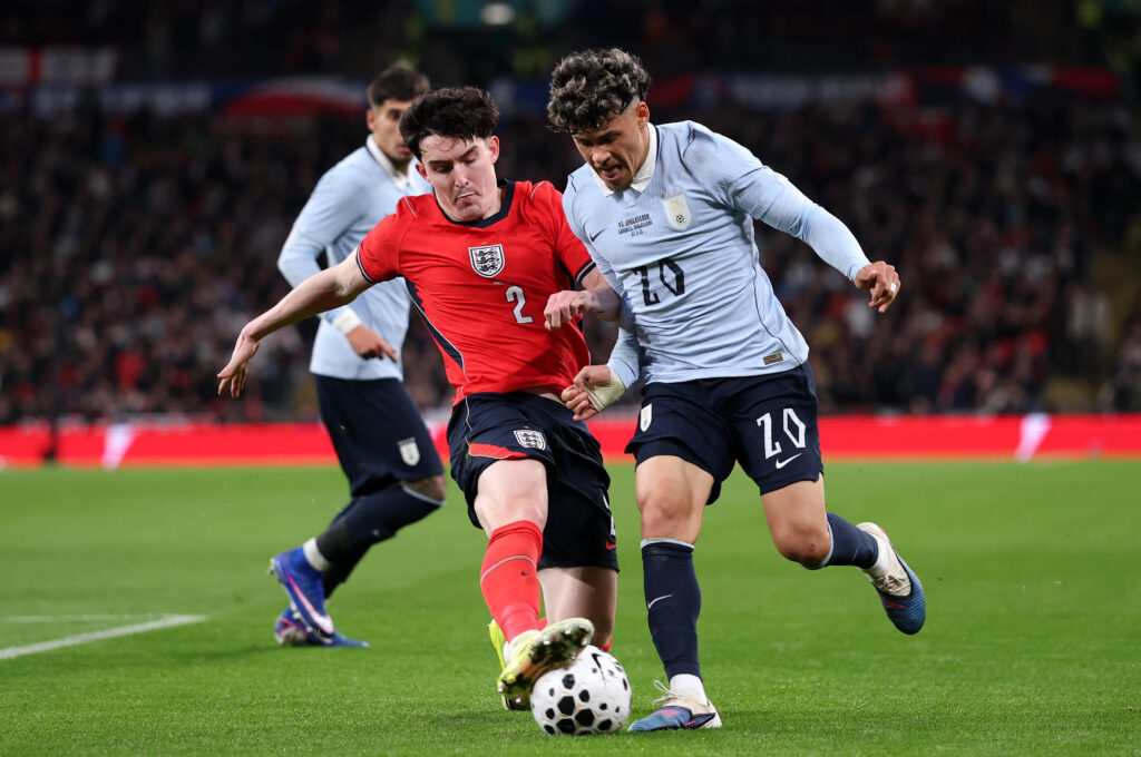 Tino Livramento playing for England against Uruguay.