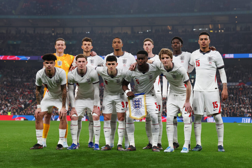 England players pose for pre-match photograph before they play in an international friendly at Wembley.