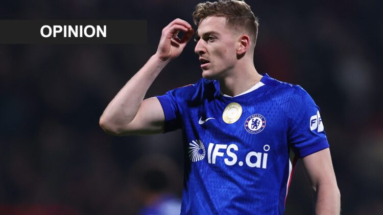 Liam Delap playing for Chelsea FC against Wrexham in the FA Cup. An 'opinion' banner has been added.