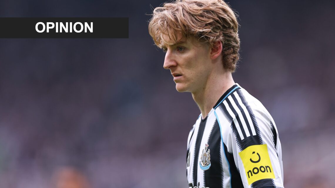 Anthony Gordon playing for Newcastle United against Sunderland. An 'opinion' banner has been added.