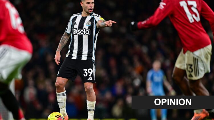 Bruno Guimaraes points his finger during Newcastle United's Premier League match against Manchester United. An 'opinion' banner has been added.