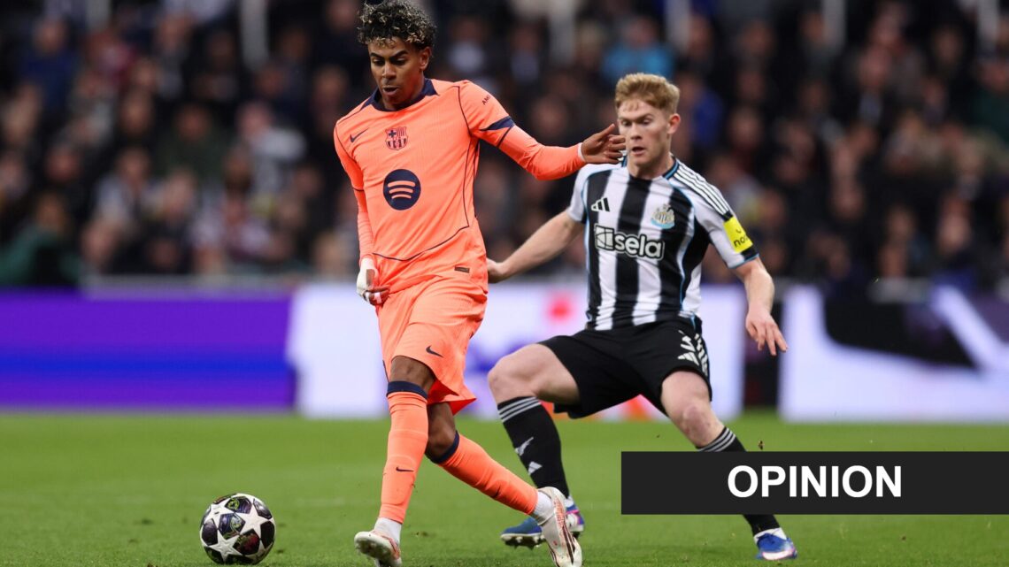 FC Barcelona forward Lamine Yamal is put under pressure by Newcastle United defender Lewis Hall. An 'opinion' banner has been added.