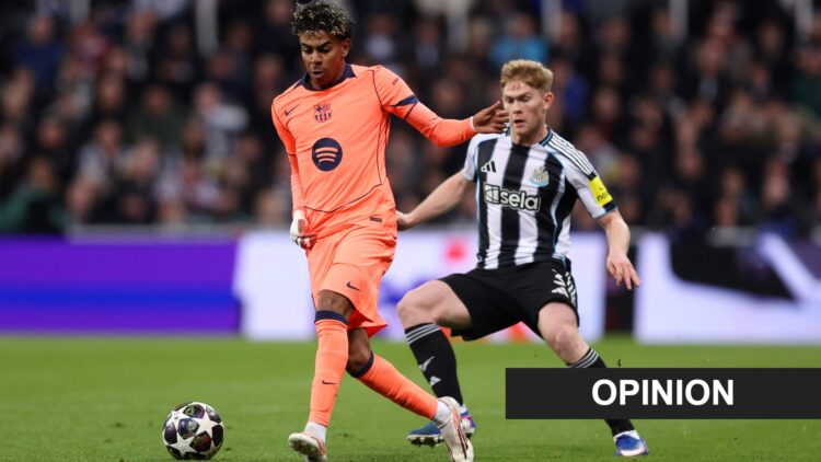FC Barcelona forward Lamine Yamal is put under pressure by Newcastle United defender Lewis Hall. An 'opinion' banner has been added.
