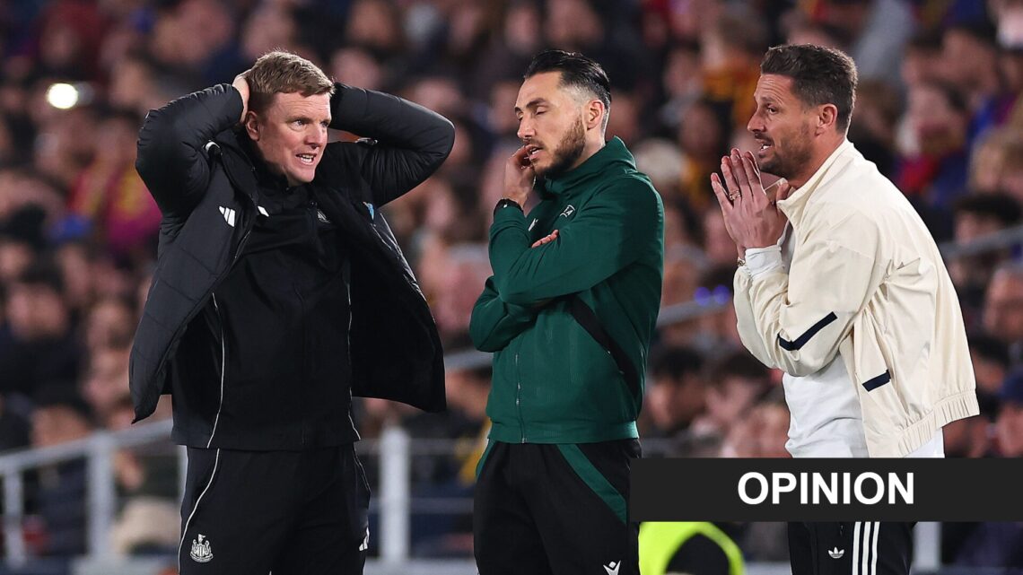 Eddie Howe reacts during Newcastle United's Champions League game against FC Barcelona. An 'opinion' banner has been added.
