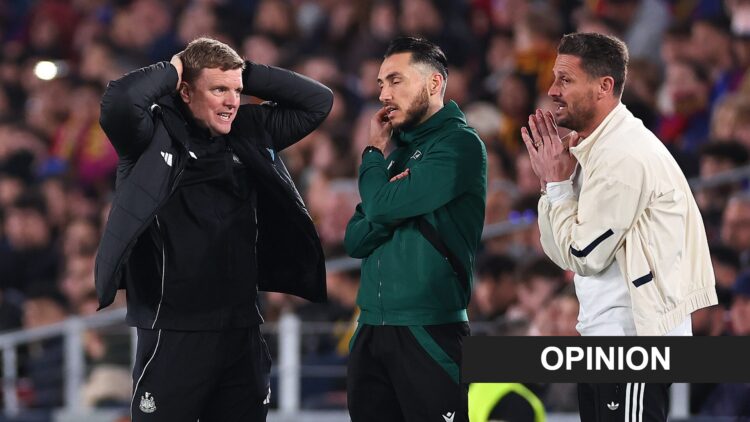 Eddie Howe reacts during Newcastle United's Champions League game against FC Barcelona. An 'opinion' banner has been added.