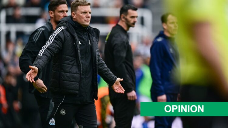 Eddie Howe gesutres from the sidelines during Newcastle United's Premier League game against Sunderland. An 'opinion' banner has been added.