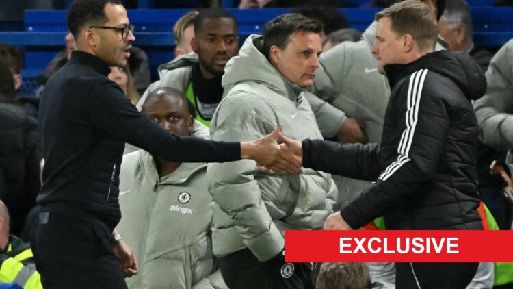 Liam Rosenior and Eddie Howe shake hands after Chelsea FC lose 1-0 to Newcastle United in the Premier League. An 'exclusive' banner has been added.