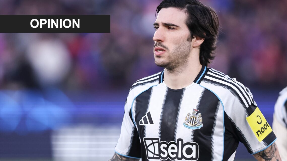 Sandro Tonali playing for Newcastle United against FC Barcelona. An 'opinion' banner has been added.