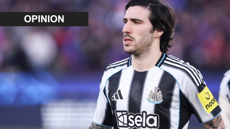 Sandro Tonali playing for Newcastle United against FC Barcelona. An 'opinion' banner has been added.