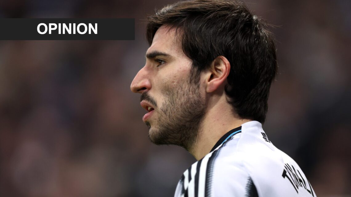 Sandro Tonali in action for Newcastle United against Tottenham Hotspur. An 'opinion' banner has been added.