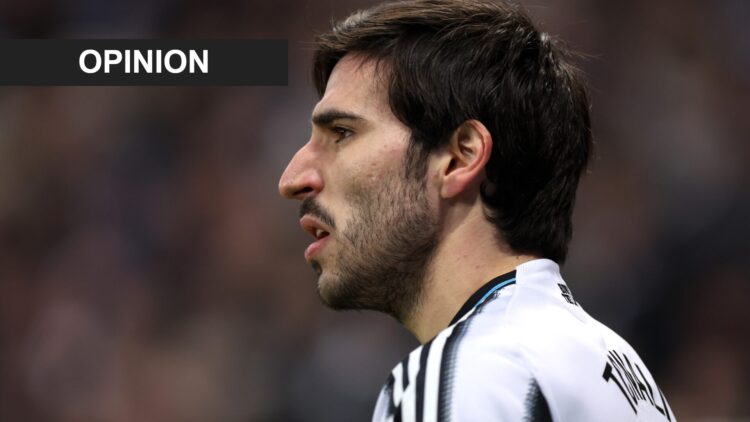 Sandro Tonali in action for Newcastle United against Tottenham Hotspur. An 'opinion' banner has been added.