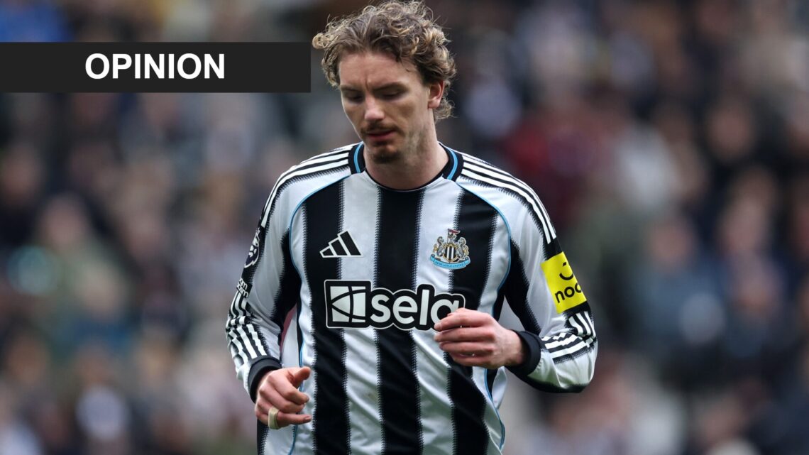Nick Woltemade during Newcastle United's Premier League game against Everton. An 'opinion' banner has been added.