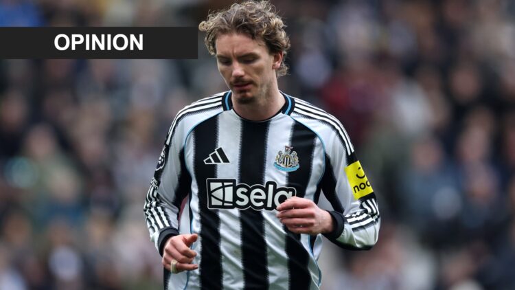 Nick Woltemade during Newcastle United's Premier League game against Everton. An 'opinion' banner has been added.