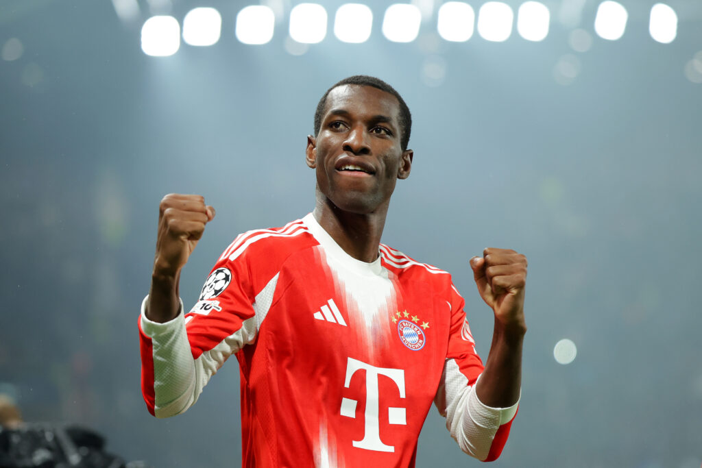 Nicolas Jackson celebrates after scoring for Bayern Munich against Atalanta in the Champions League.