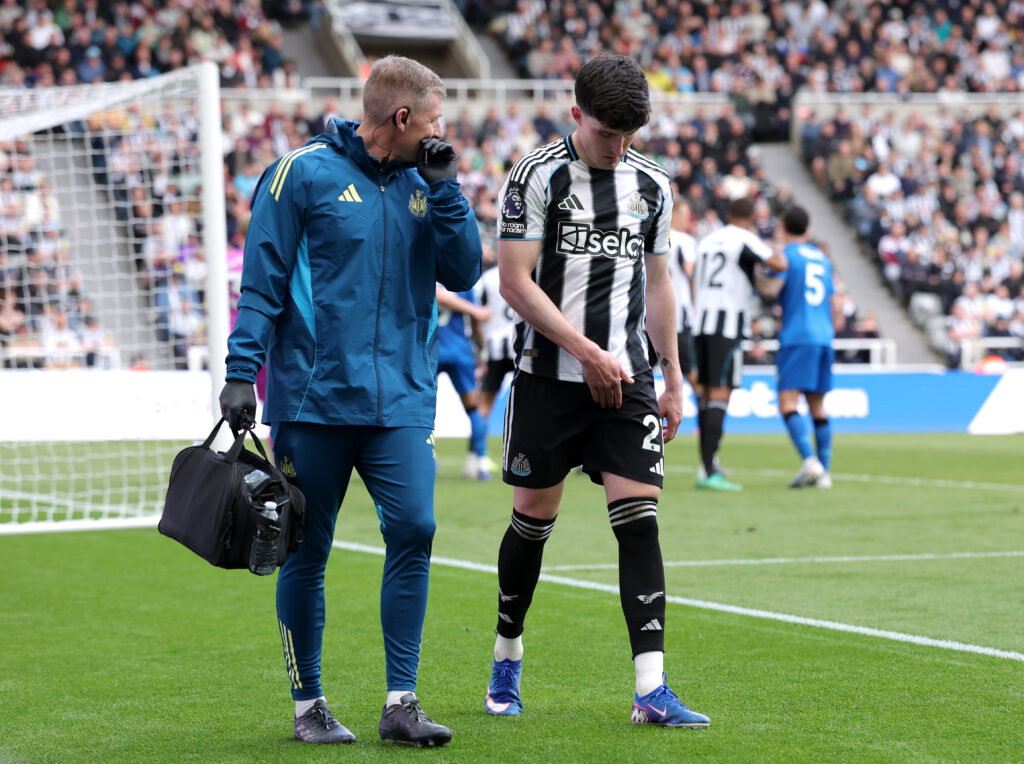 Tino Livramento comes off injured during Newcastle United's Premier League game against Bournemouth.