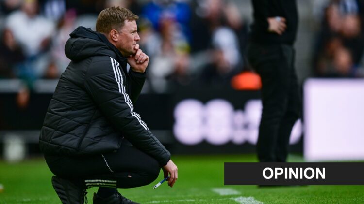 Eddie Howe during Newcastle United's Premier League game against Bournemouth. An 'opinion' banner has been added.