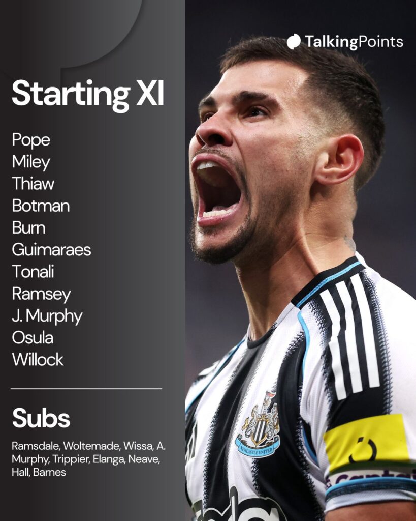 A graphic showing Newcastle United's starting XI vs Arsenal FC in the Premier League on 25/04/2026.