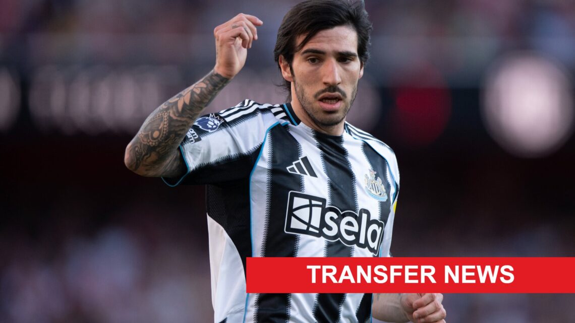 Sandro Tonali playing for Newcastle United against Arsenal FC. A 'transfer news' banner has been added.