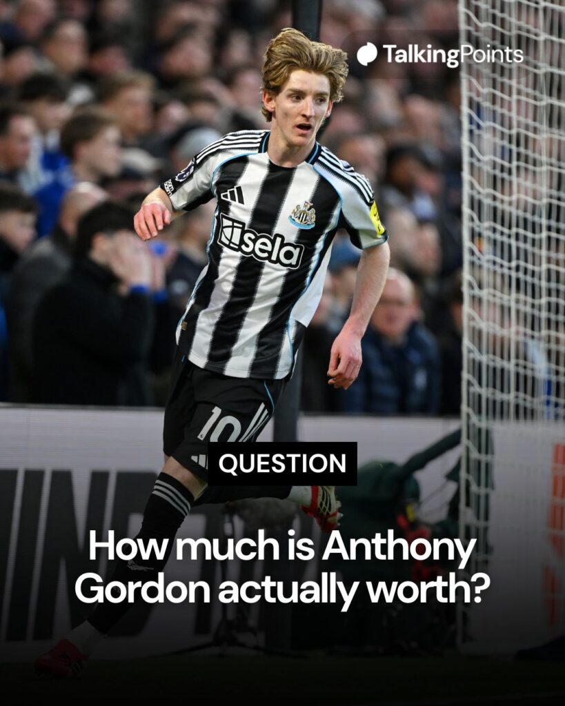 A graphic asking the question: "How much is Anthony Gordon actually worth?" Image shows Anthony Gordon playing for Newcastle United.