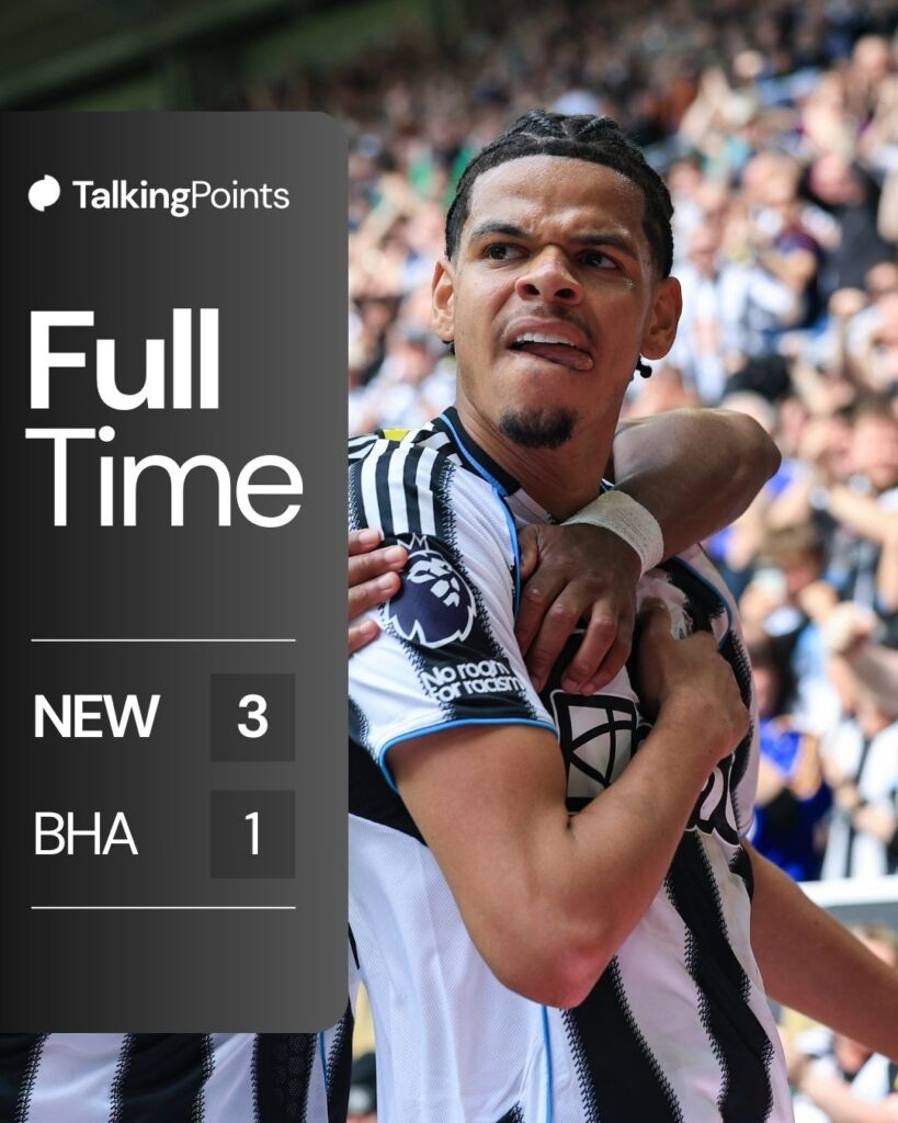 A graphic showing the full-time score (3-1) between Newcastle United and Brighton in the Premier League on 02/05/2026.