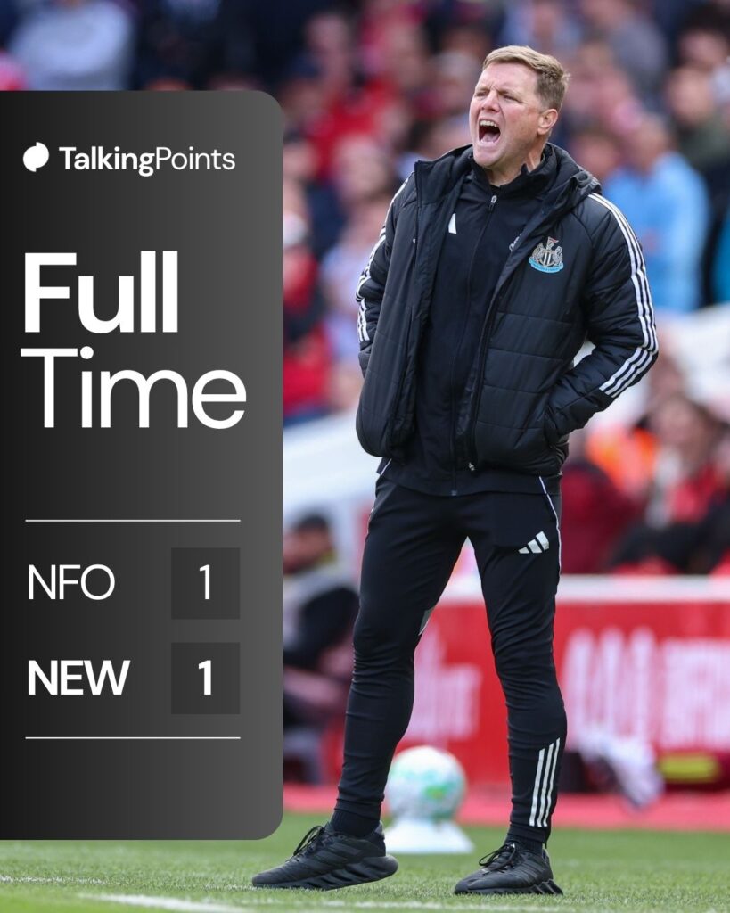 A graphic showing the full-time score (1-1) between Nottingham Forest and Newcastle United in the Premier League on 10/05/2026.