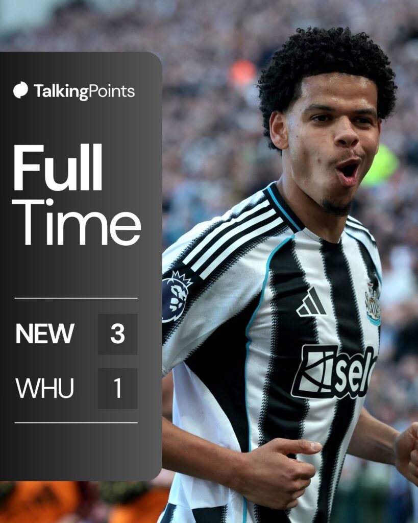 A graphic showing the full-time score between Newcastle United and West Ham (3-1) in the Premier League on 17/05/2026.
