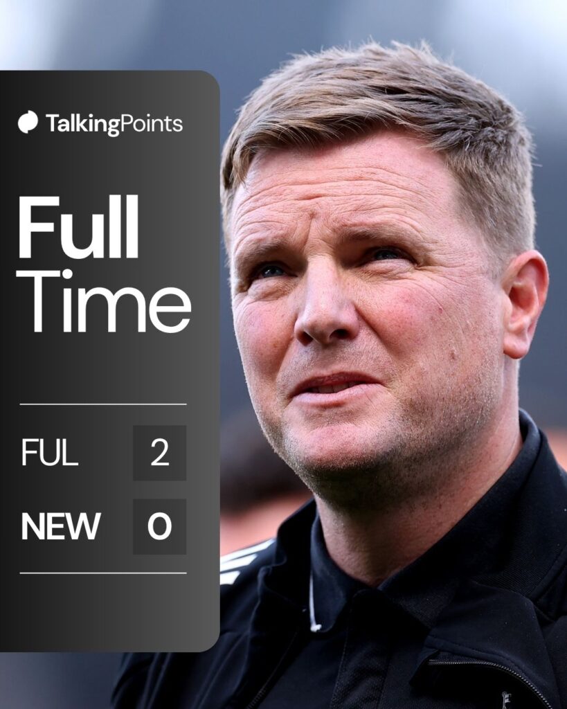 A graphic showing the full-time score (2-0) between Fulham and Newcastle United in the Premier League on 24/05/2026.