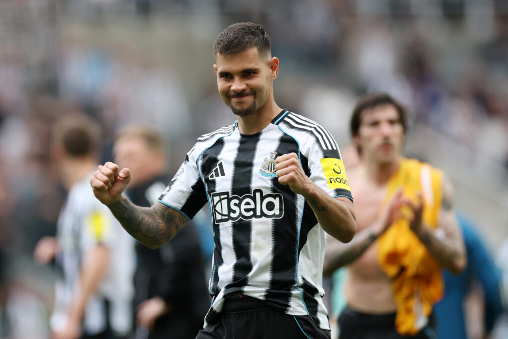 Bruno Guimaraes celebrates after Newcastle United beat Brighton.