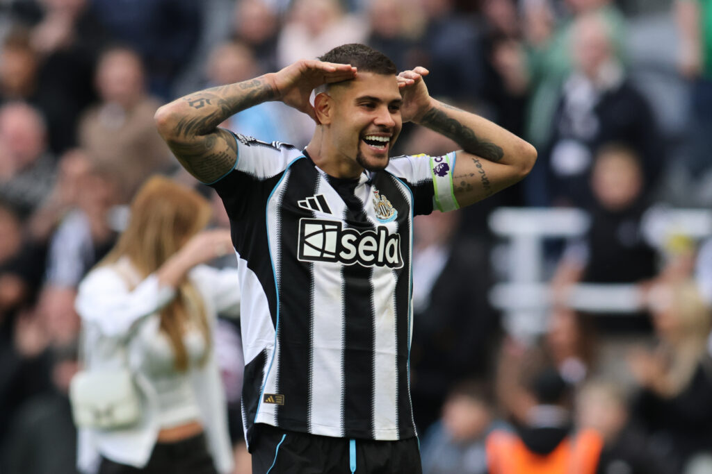 Bruno Guimaraes celebrates after Newcastle United beat West Ham in the Premier League.