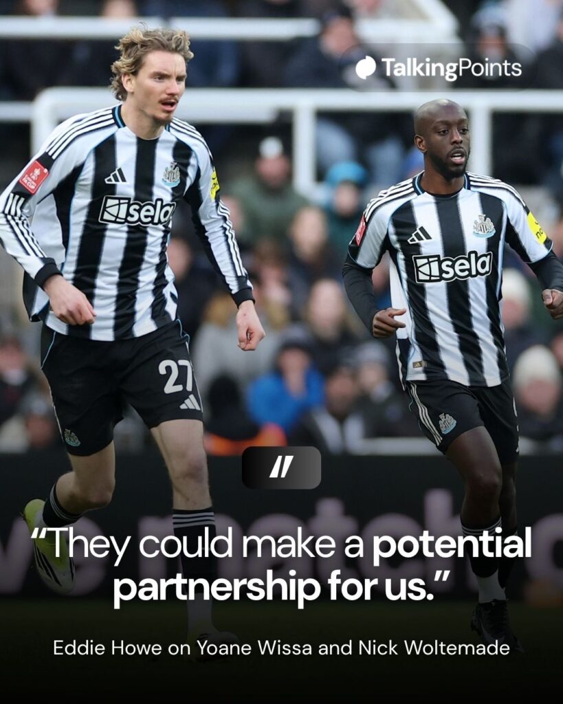A graphic showing Eddie Howe's quotes on Nick Woltemade and Yoane Wissa reading: "They could make a potential partnership for us." Image shows Nick Woltemade and Yoane Wissa playing for Newcastle United.
