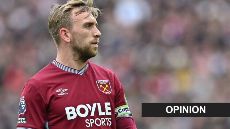 Jarrod Bowen playing for West Ham against Arsenal FC. An 'opinion' banner has been added.