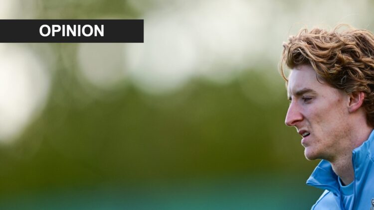 Anthony Gordon during a Newcastle United training session. An 'opinion' banner has been added.