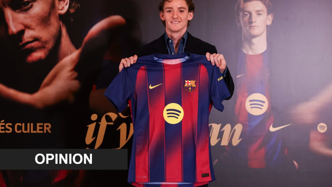 Anthony Gordon holds up an FC Barcelona shirt during his presentation as a new signing. An 'opinion' banner has been added.