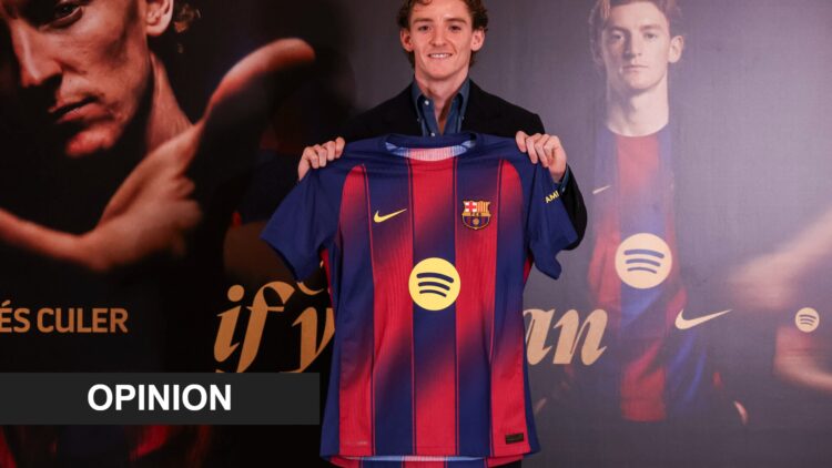 Anthony Gordon holds up an FC Barcelona shirt during his presentation as a new signing. An 'opinion' banner has been added.