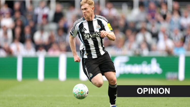Lewis Hall playing for Newcastle United against Brighton. An 'opinion' banner has been added.