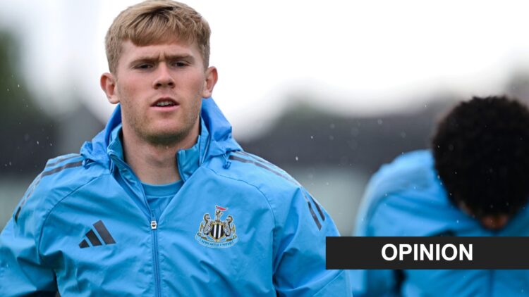 Lewis Hall during a Newcastle United training session. An 'opinion' banner has been added.