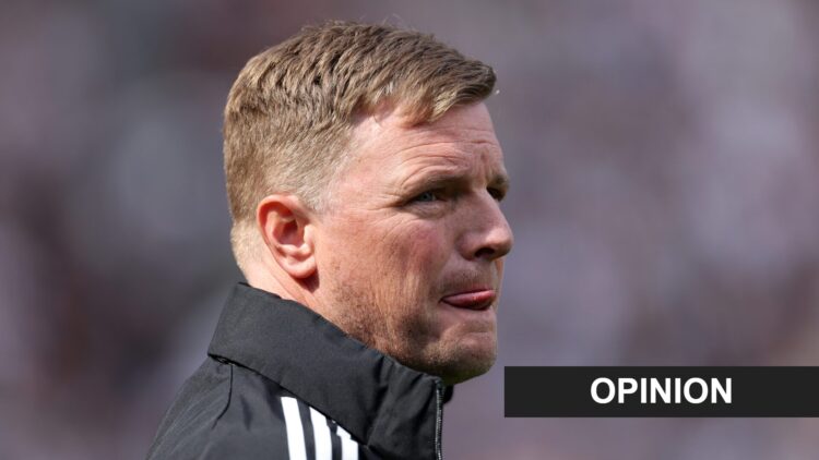 Eddie Howe looks on prior to Newcastle United's Premier League game against Brighton. An 'opinion' banner has been added.