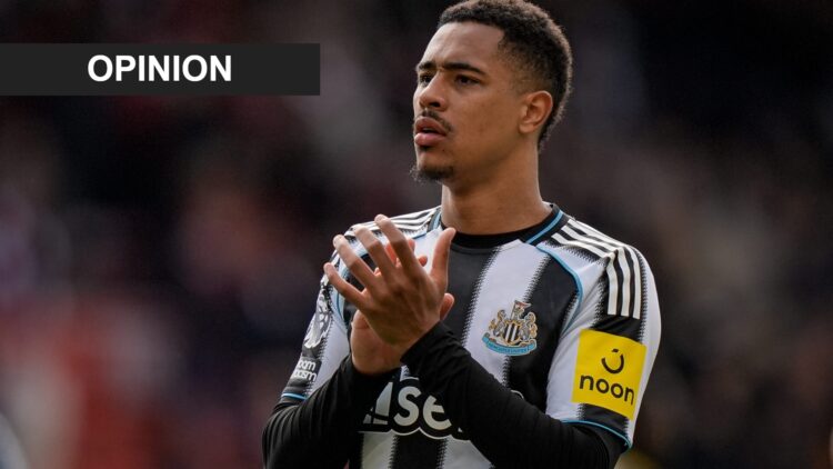 Jacob Ramsey applauds the fans after Newcastle United's draw with Nottingham Forest. An 'opinion' banner has been added.