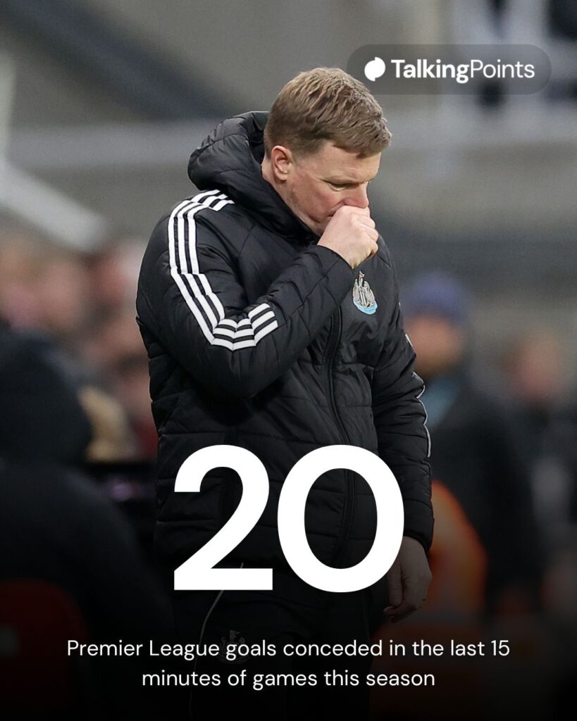 A graphic showing the statistic that Newcastle United have conceded 20 Premier League goals in the las 15 minutes of games this season. Image shows Eddie Howe looking dejected.