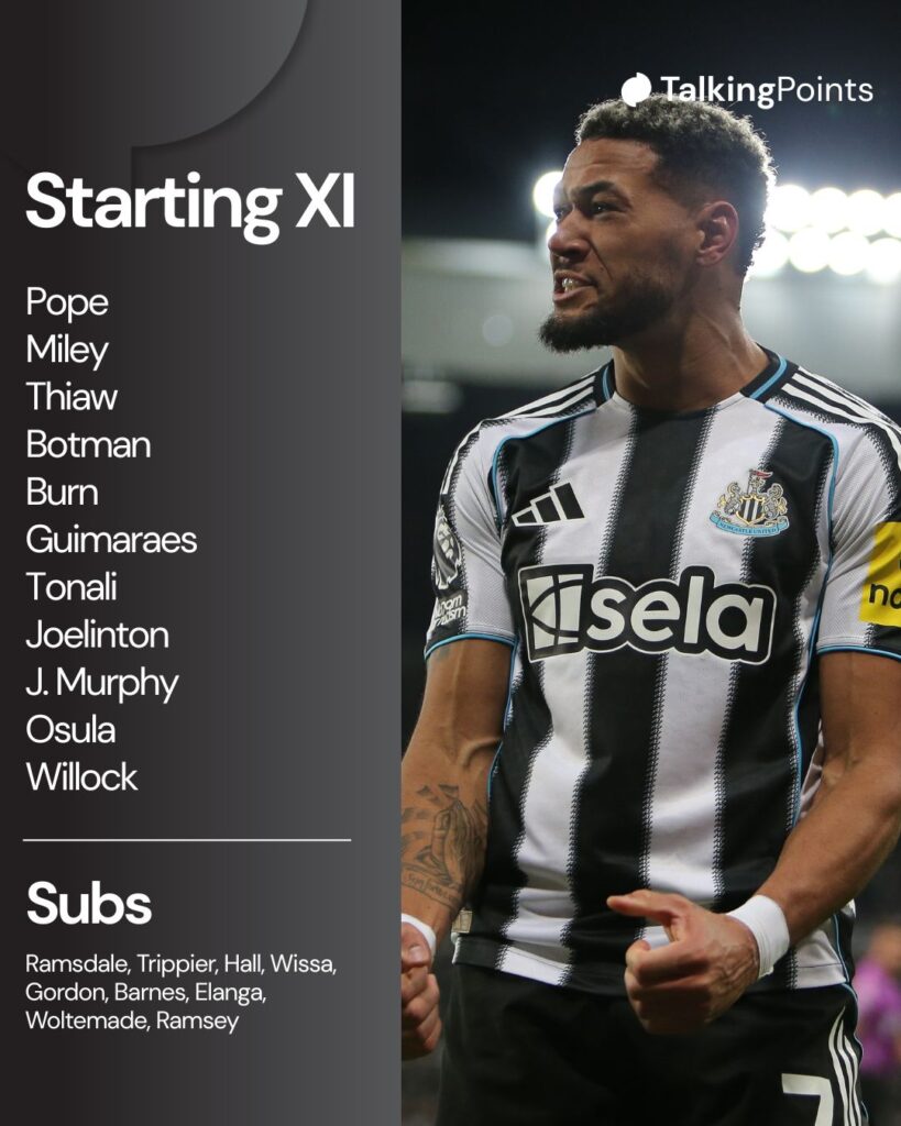 A graphic showing Newcastle United's starting lineup vs Brighton in their Premier League game on 02/05/2026.