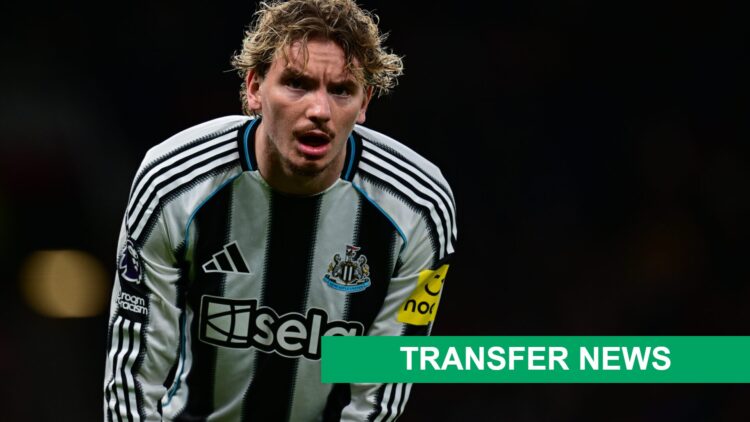 Nick Woltemade of Newcastle United during their Premier League match with Manchester United. A 'transfer news' banner has been added.