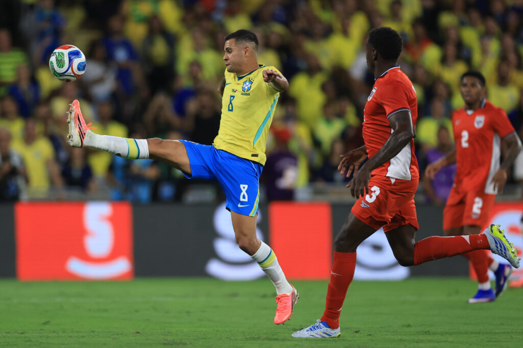 Bruno Guimaraes controls the ball during Brazil's friendly against Panama.